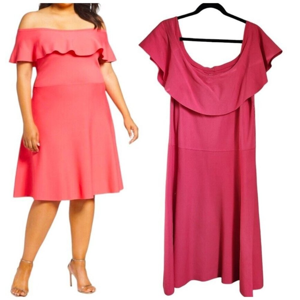 Eliza J Off the Shoulder Dress Plus Size 3X‎ Magenta Ruffle Fit & Flare Midi